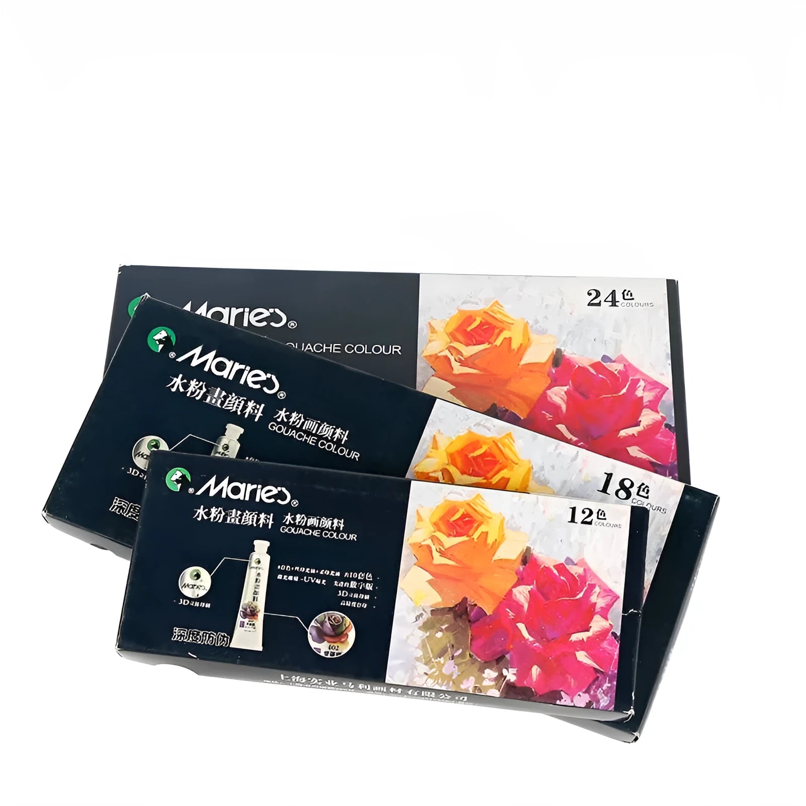 Gouache paint set showing tubes in a box, available in 12, 18, or 24 colour options.