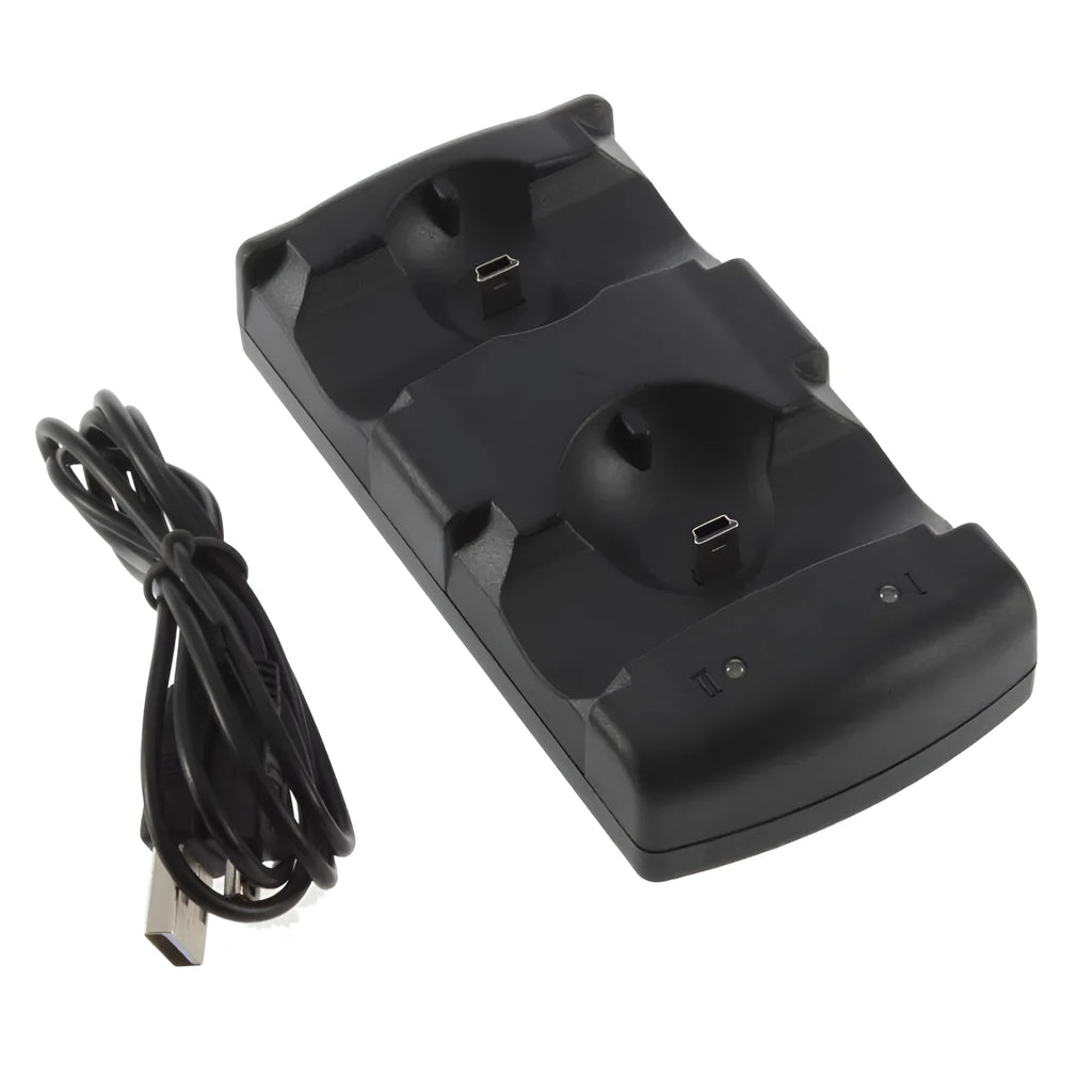 Black PlayStation 3 dual controller charging dock showing two controller charging slots