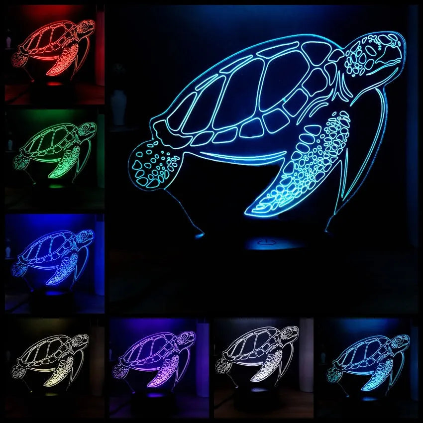 3D acrylic turtle LED night light showing colour-changing illumination