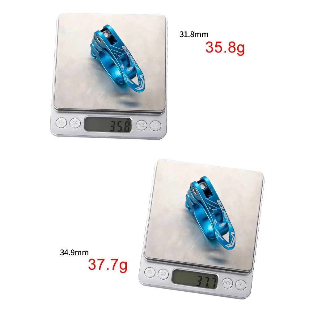 Aluminium alloy bicycle seat post clamp in black, blue, gold, or red, showing 31.8mm and 34.9mm size options