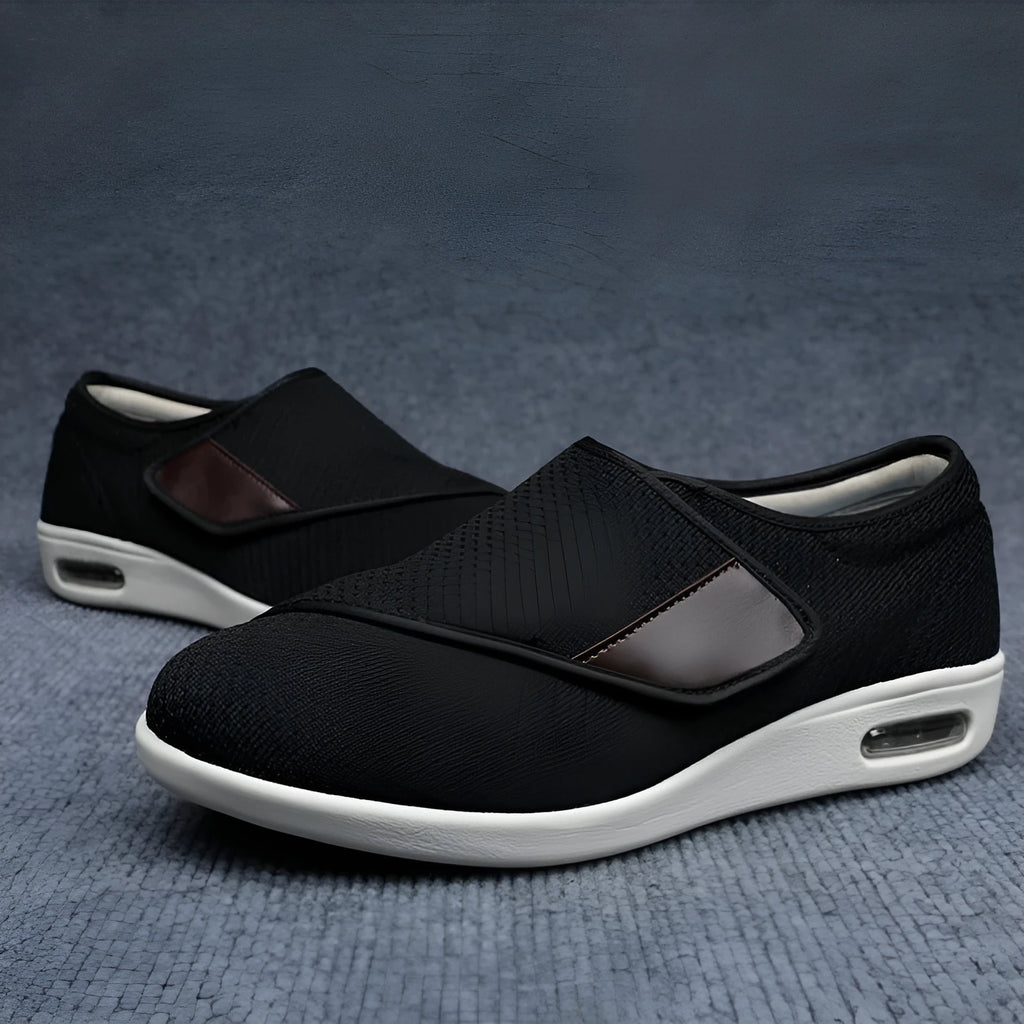 Casual beige leisure shoes with a velcro strap and round toe on a foam rubber sole.
