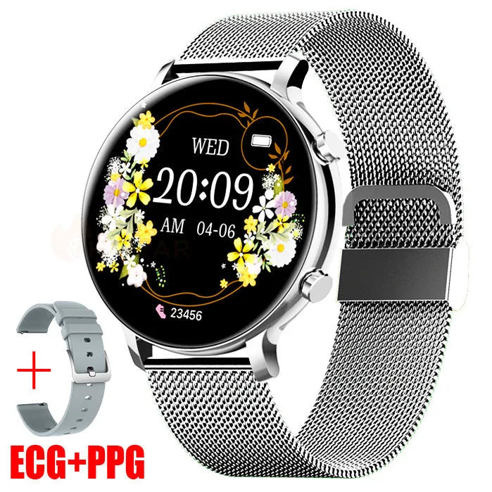 Black Bluetooth smartwatch with stainless steel strap showing call screen and health metrics