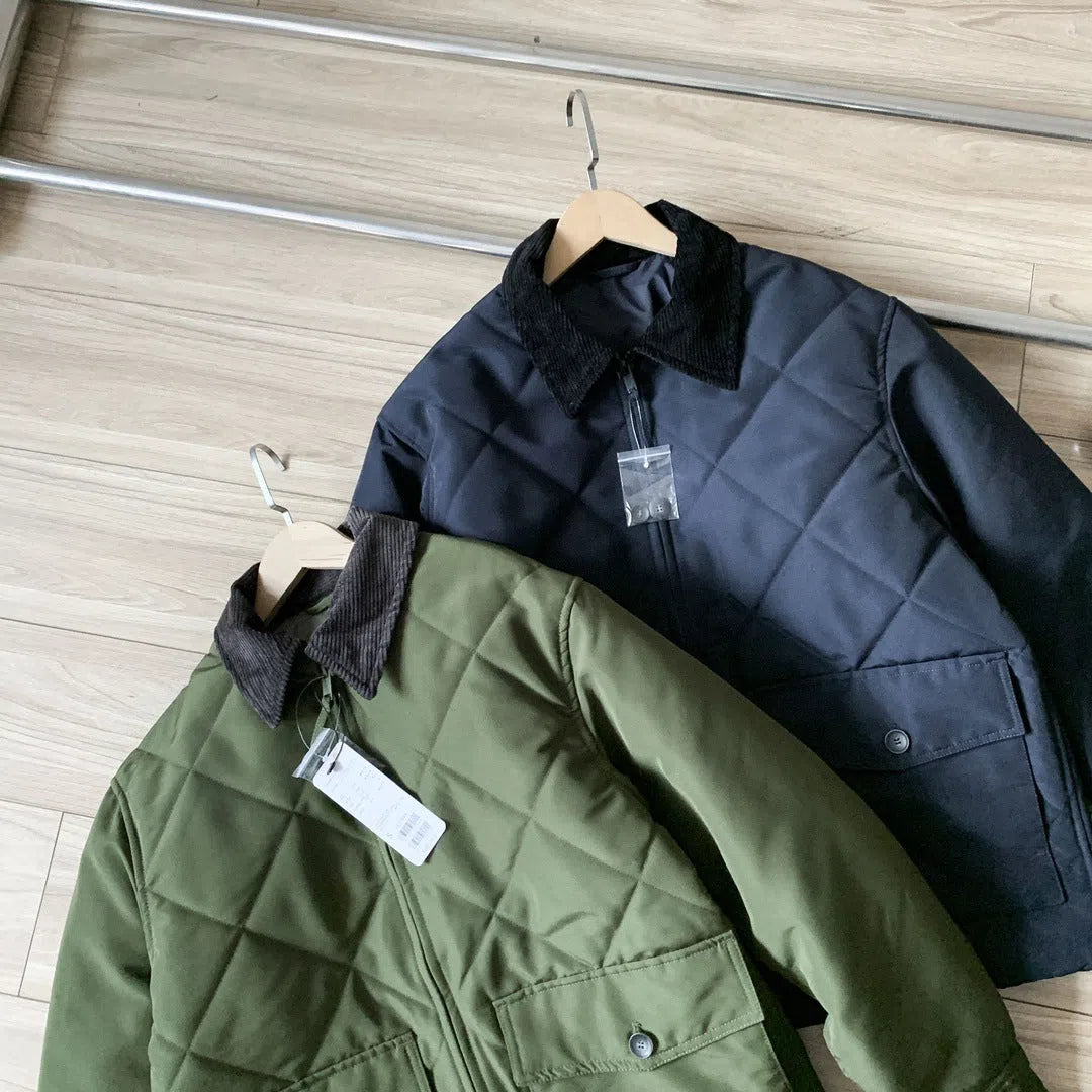Men's autumn winter thickened nylon jacket in Navy Blue with two-colour collage stitching, loose fit, front view