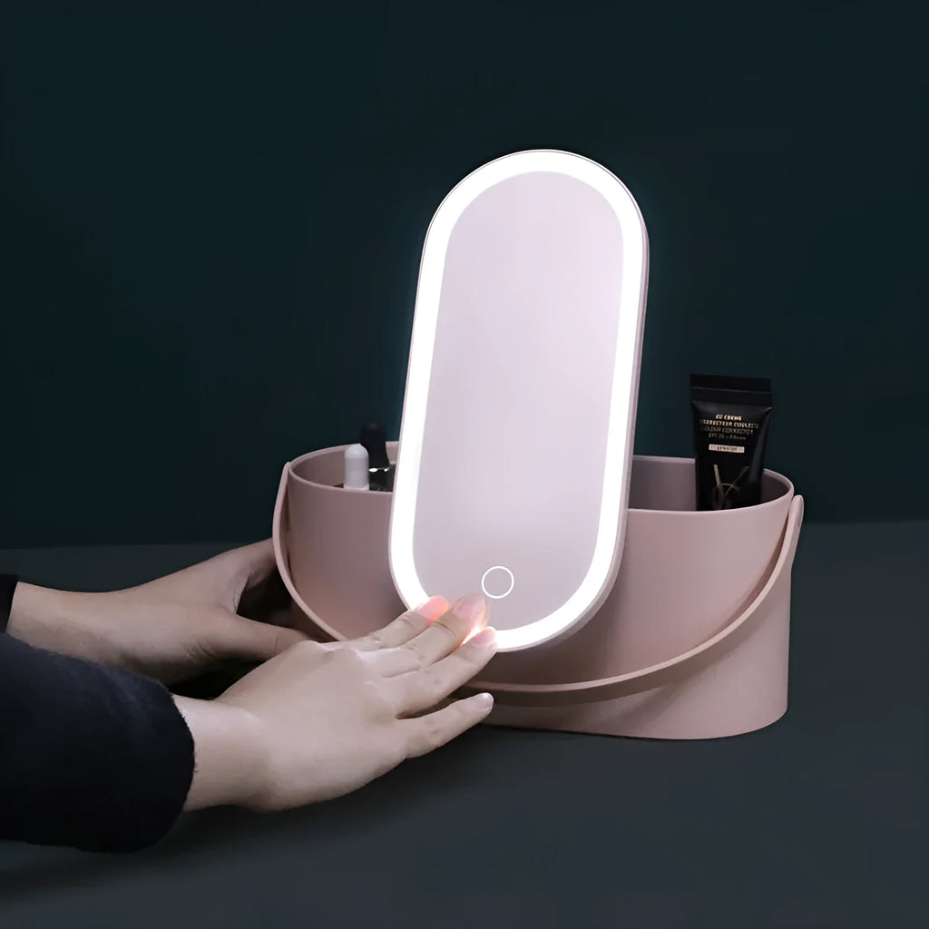 Portable LED mirror makeup organiser box with touch light, rotatable bracket, and soft handle in white