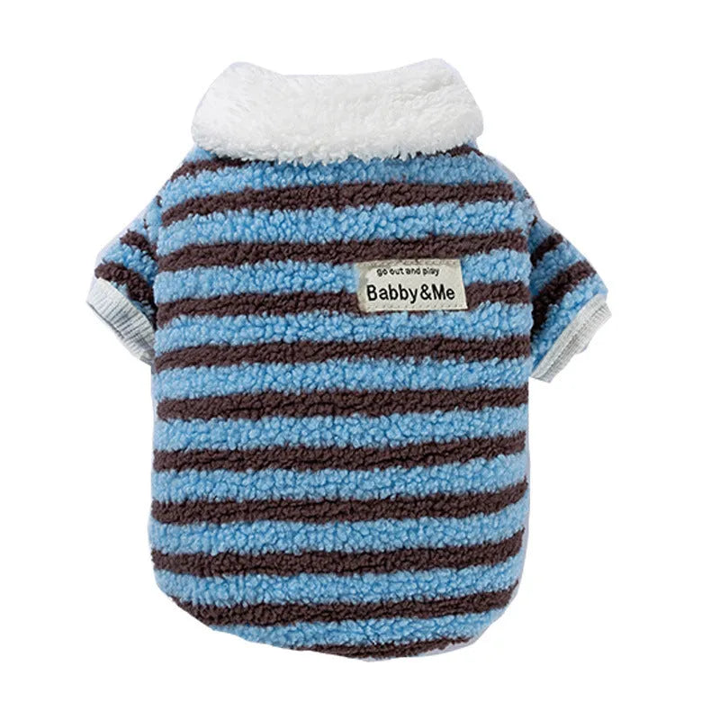 Soft plush blue-brown striped pet shirt button-down front on small dog warm winter fleece puppy sweater