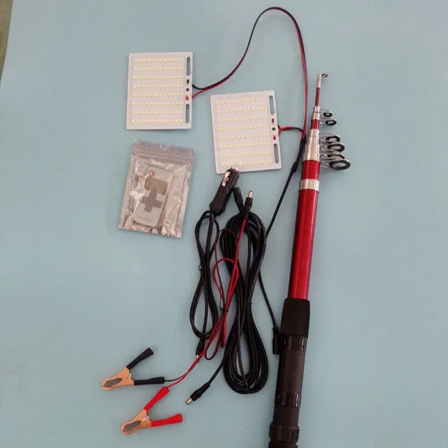 White LED fishing rod light with telescopic pole extended, showing remote control and connection cables