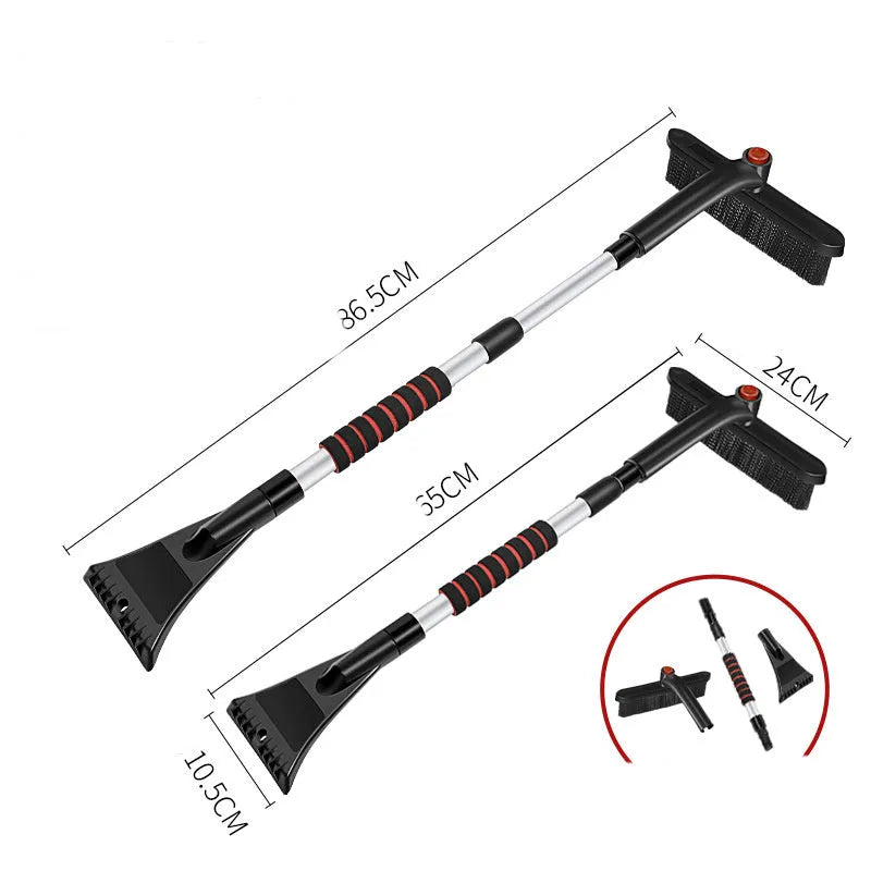 Car deicing shovel with black ABS plastic shovel head and brush, telescopic handle extended, on a windscreen with frost