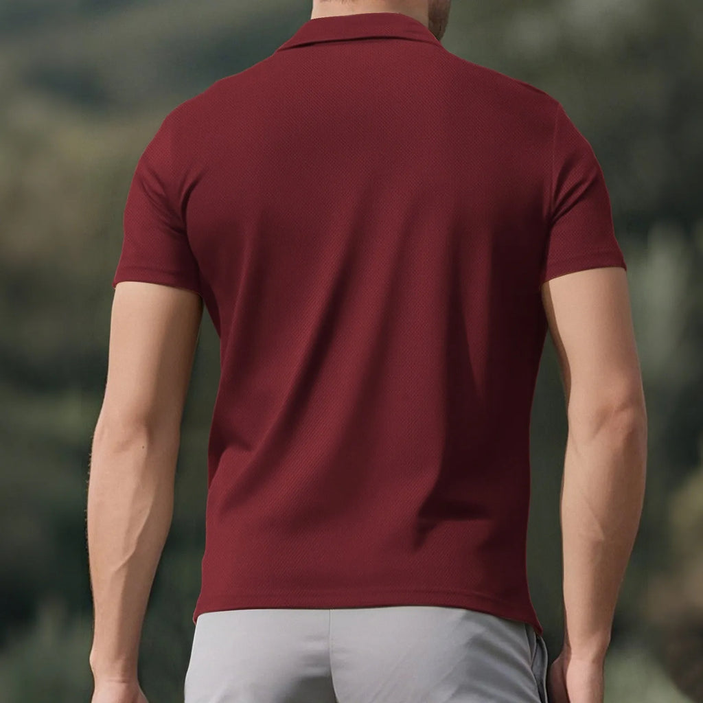 Men's loose short sleeve lapel sport casual top in solid colour, 100% polyester, available in black, white, navy blue, sky blue, khaki, wine red, light gray