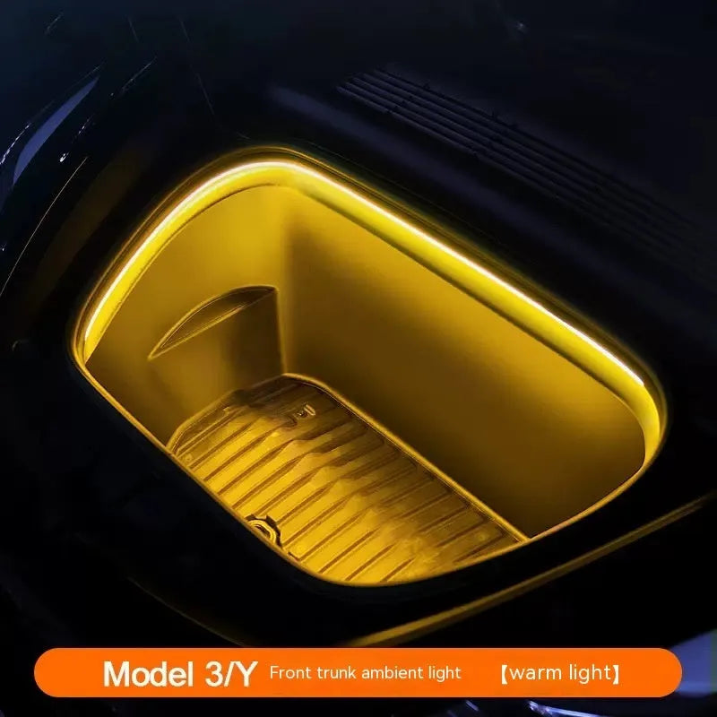 Tesla Model 3 Y front ambience light kit with soft silicone light bar in pure white, warm white, or ice blue colour options.