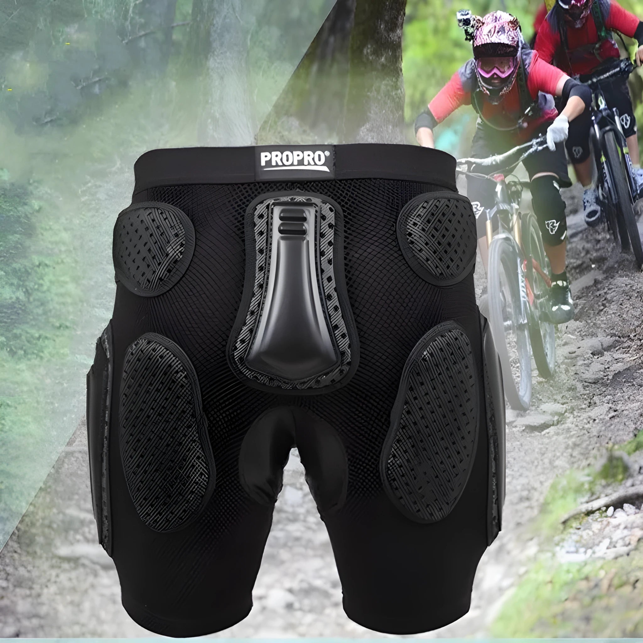 Black cycling hip protection pants showing adjustable sizing and hip padding for sports safety