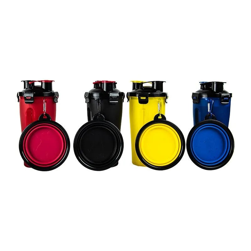 Portable foldable plastic pet dog water cup and bowl set with hanging clip, in black and blue, on a white background.