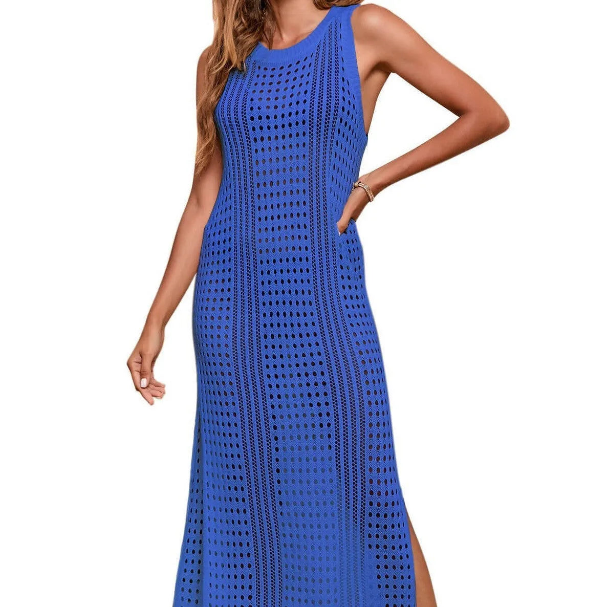 Long loose knit beach blouse for women in a solid colour, showing hollow-out detail and V-neck.