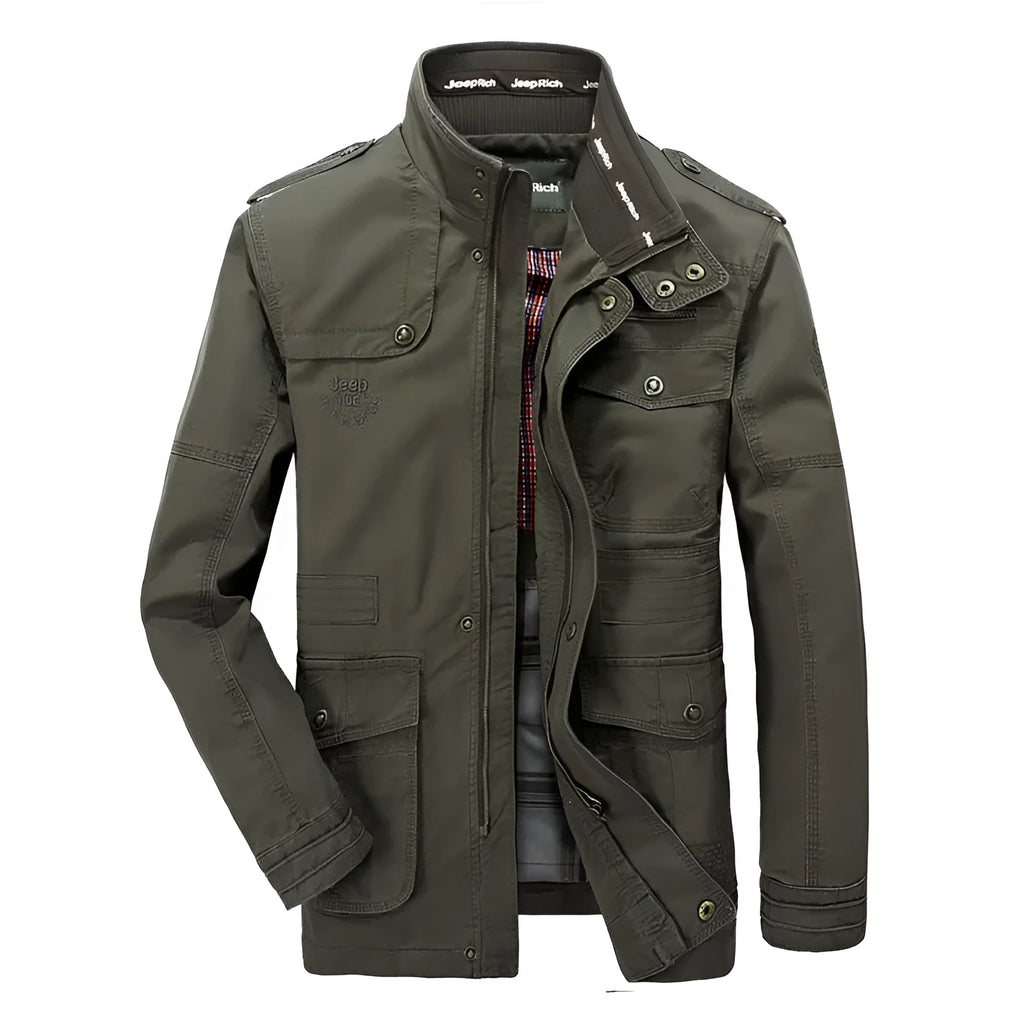 Men's long cotton casual jacket, loose fit, stand collar, zip front, military colour, khaki or black, sizes M to 7XL.