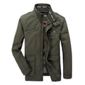 Men's long cotton casual jacket, loose fit, stand collar, zip front, military colour, khaki or black, sizes M to 7XL.
