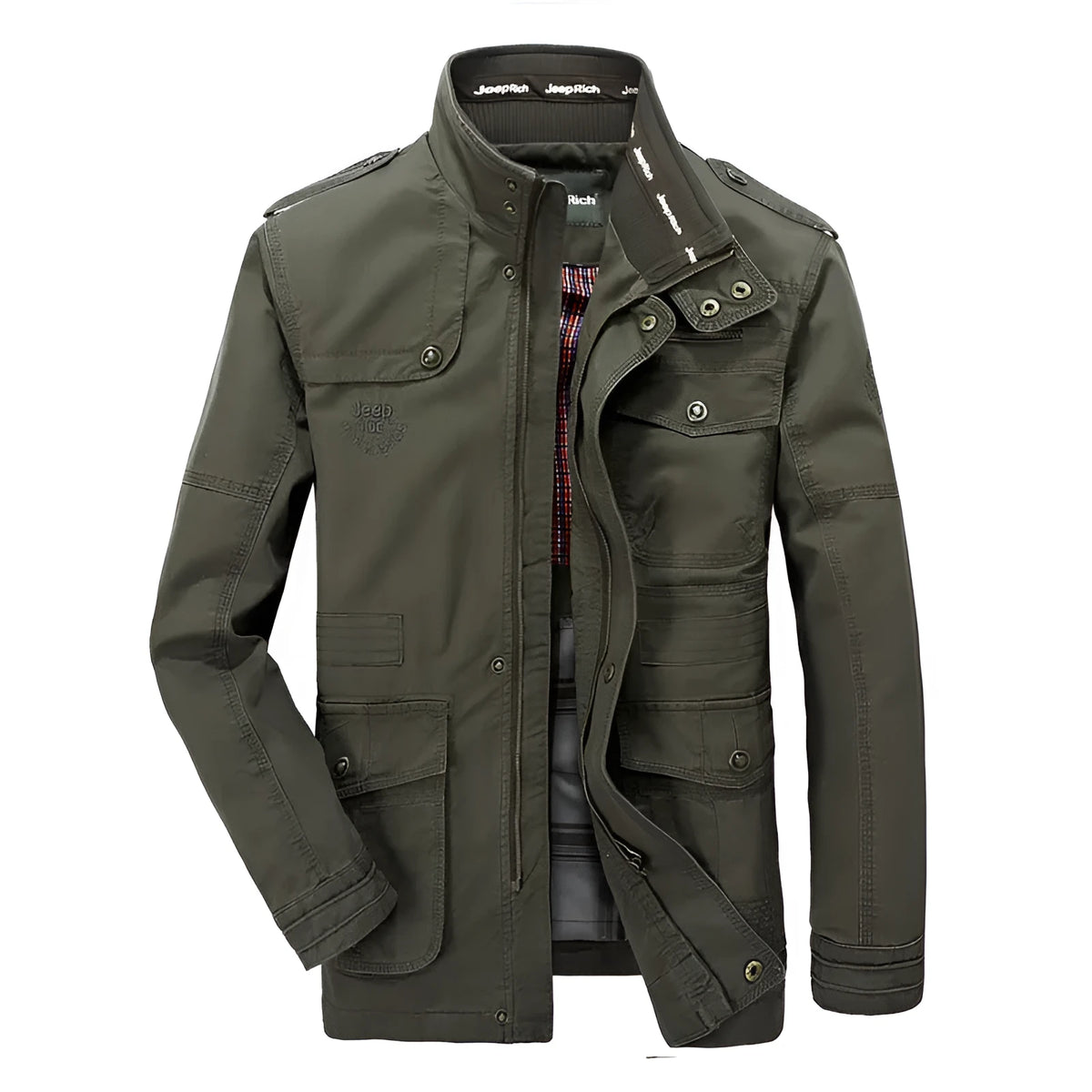 Men's long cotton casual jacket, loose fit, stand collar, zip front, military colour, khaki or black, sizes M to 7XL.