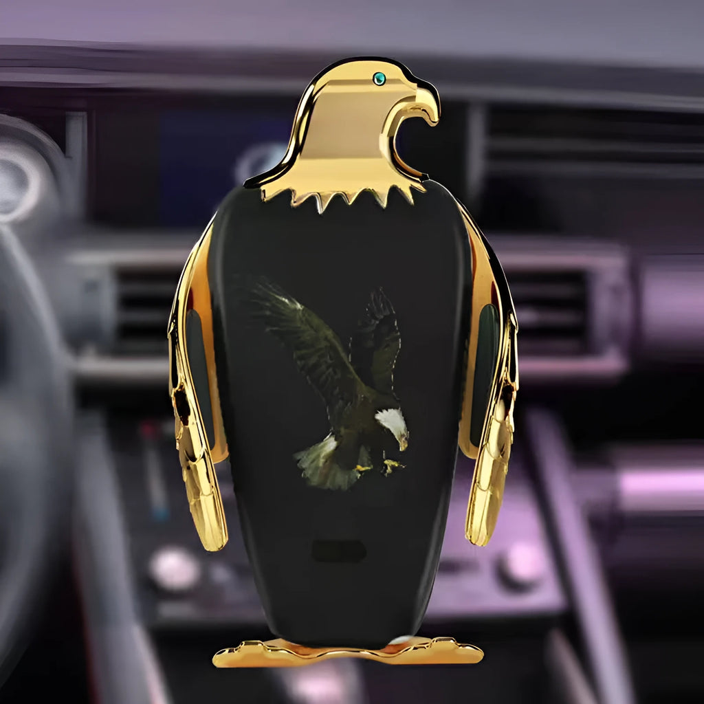 Eagle style wireless charging car phone holder with suction cup mount in black and gold colour.