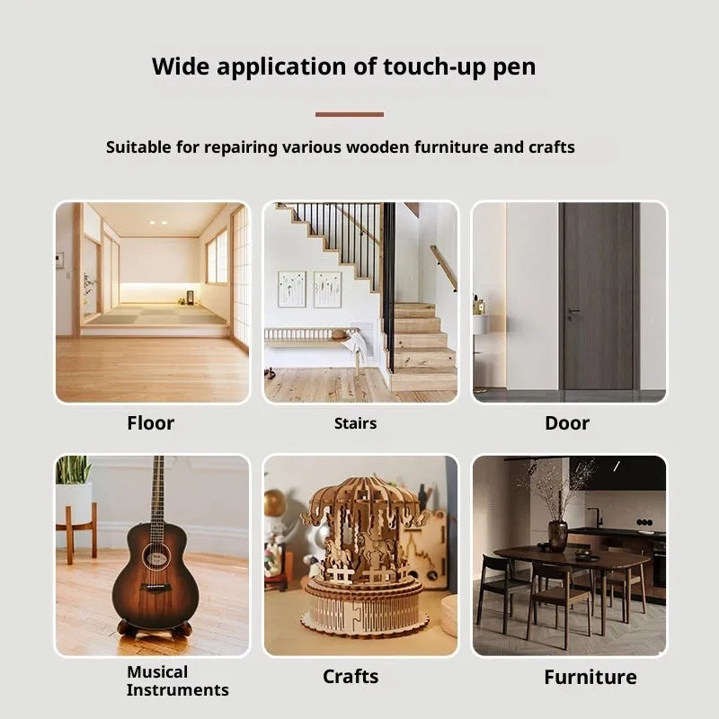 5ml wood grain paint fixer pen for floor scratch repair, shown with twelve colour options including oak and walnut