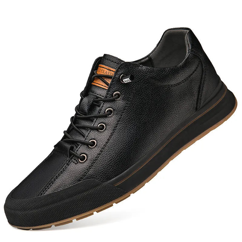 Men's black and white matte leather casual shoes with flat heel and round toe