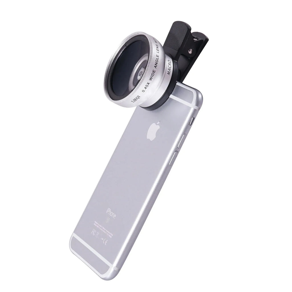 LIEQI 0.45X wide-angle mobile phone camera lens with macro capability in silver finish
