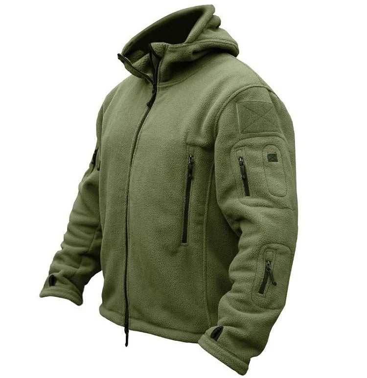 Men's military tactical jacket in Army Green with warm hood, soft shell fabric for outdoor hiking and sports