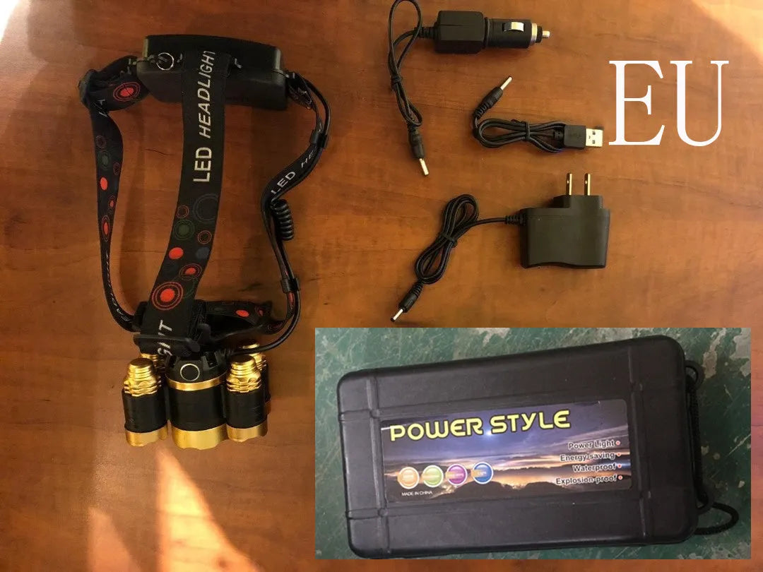 Gold LED head torch with adjustable headband, zoom lens, and sensor switch on the front housing.