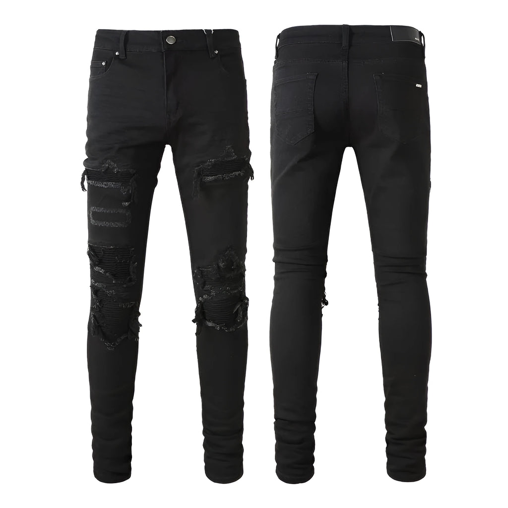 Black Patch Pleated Jeans For Men Cotton 98% Micro-elastic Double Waistband Zipper Placket Casual Trousers Black Asian Sizes 28-40