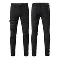 Black Patch Pleated Jeans For Men Cotton 98% Micro-elastic Double Waistband Zipper Placket Casual Trousers Black Asian Sizes 28-40