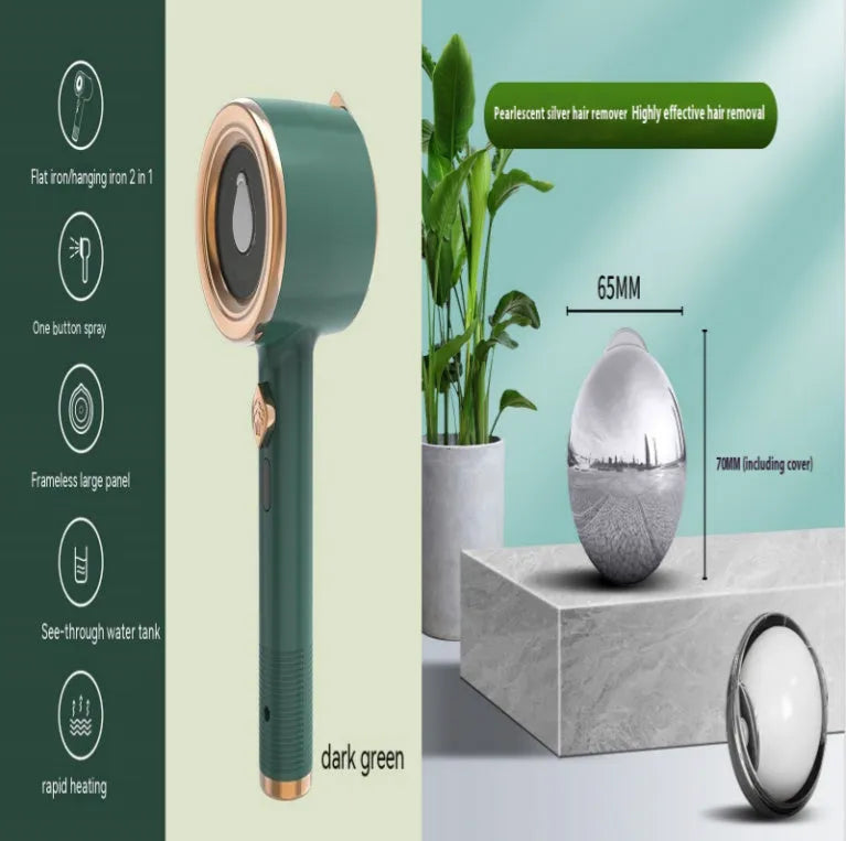Green mini handheld garment steamer with titanium panel and transparent 50ml water tank