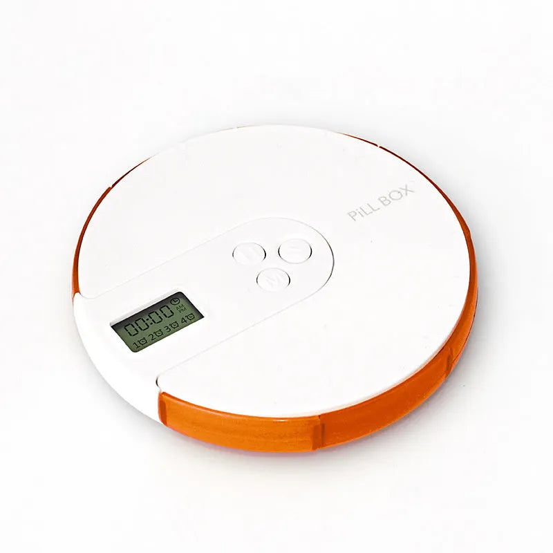 Compact blue 7-compartment alarm clock pill dispenser with digital timer display.