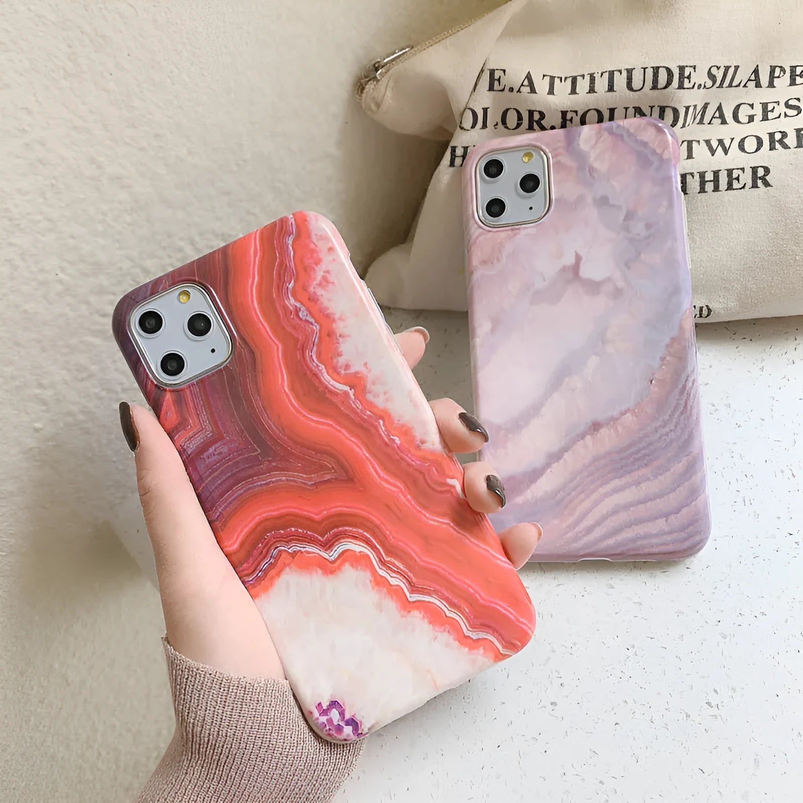 Marbled TPU soft back cover phone case for iPhone in purple and red colour options