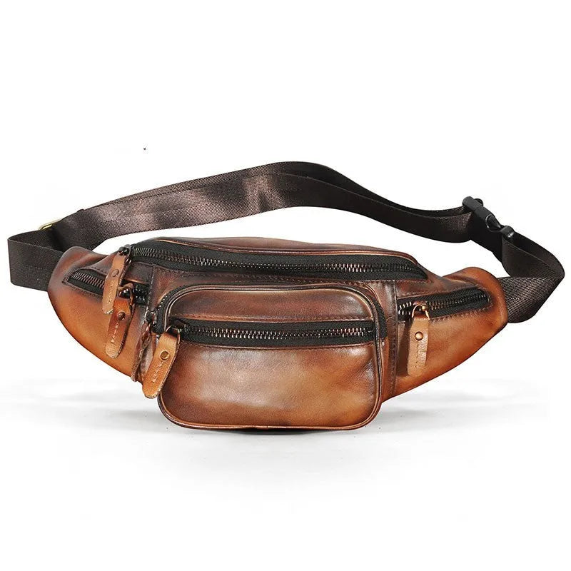 Genuine cowhide leather messenger bag in dark crazy horse colour showing shoulder strap and main compartment.