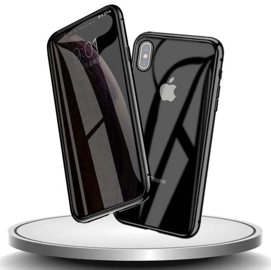 Glass anti-spy clamshell phone case for iPhone in multiple colours showing geometric pattern.