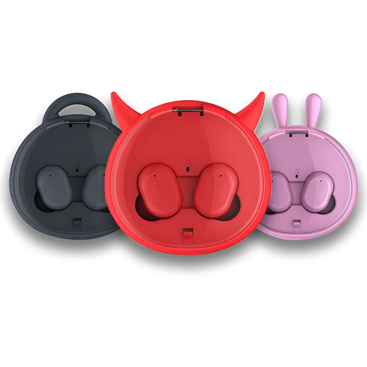 Wireless Bluetooth 5.0 headset with stereo bilateral earplugs and battery display, shown in pink, black and red
