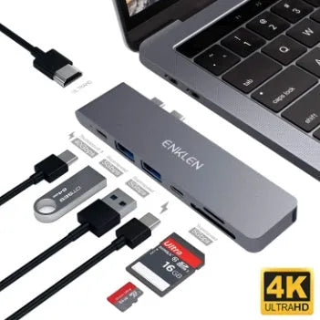 Compact aluminium USB-C hub showing ports: Thunderbolt 3, USB-C PD, HDMI, SD card slot, and two USB 3.0