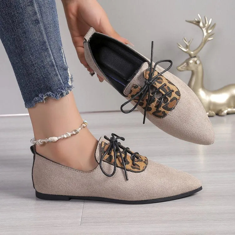 Beige leopard print women's pointed toe pumps with artificial PU upper and rubber sole