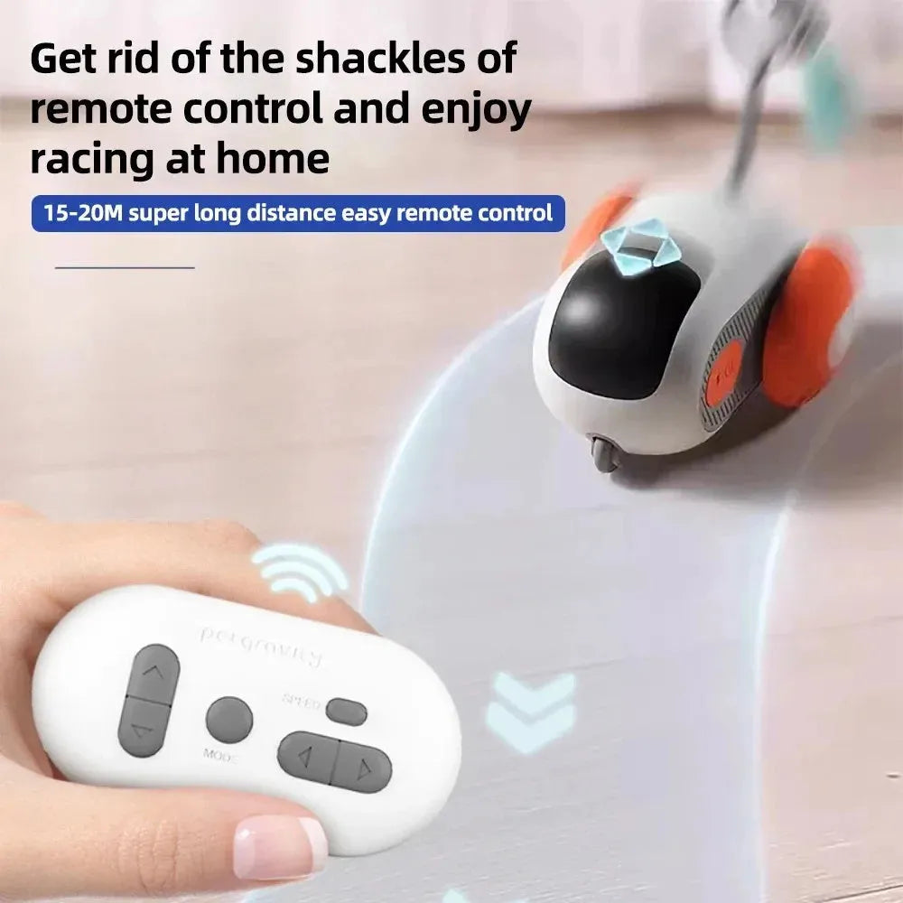 Blue and orange remote-controlled smart cat toy with feather teaser attachment and USB charging