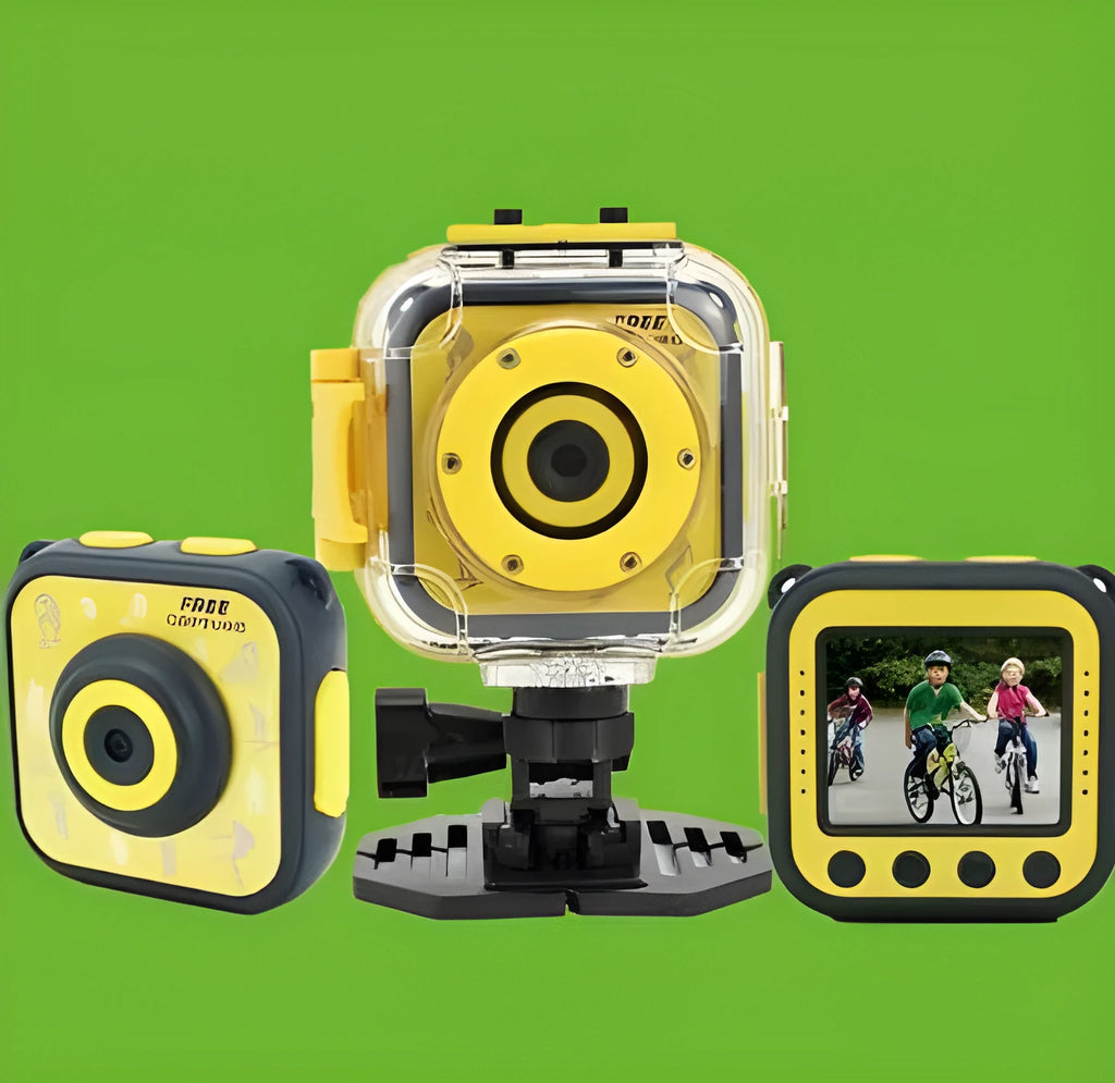 Yellow children's waterproof sports camera showing front view with lens and LCD screen