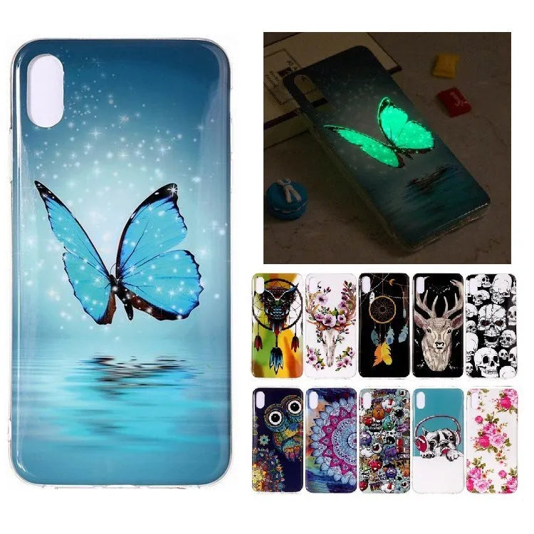 Glow in the dark iPhone case with a butterfly cartoon design on the back, showing luminous effect