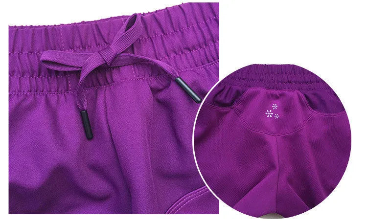 Purple quick-drying nylon sports shorts for running, fitness and dance, available in sizes S to XL