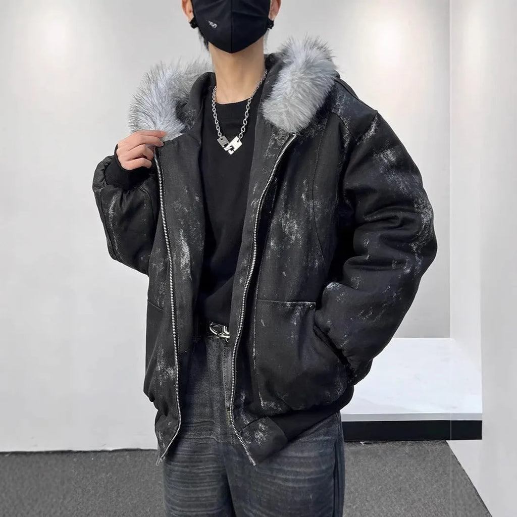 Men's hooded cotton-padded coat with large fur collar in black, short length, polyester fill