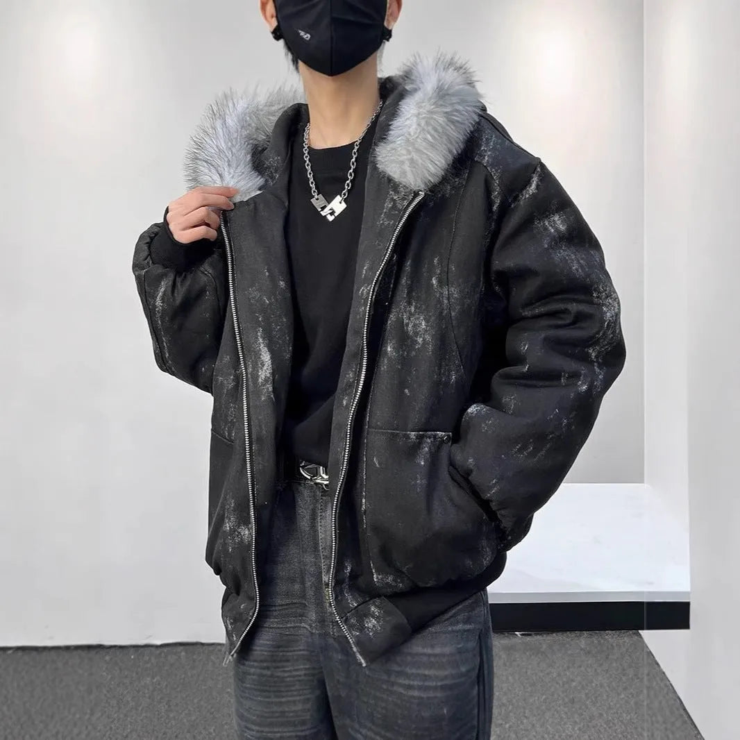 Men's hooded cotton-padded coat with large fur collar in black, short length, polyester fill