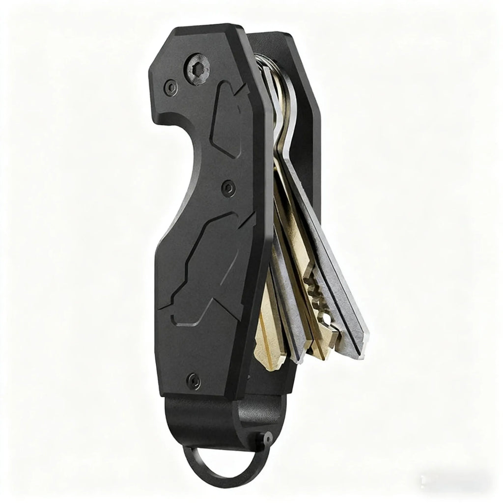 Aluminium alloy keychain in black on a white background, showing compact 90x27mm size and metal keyring