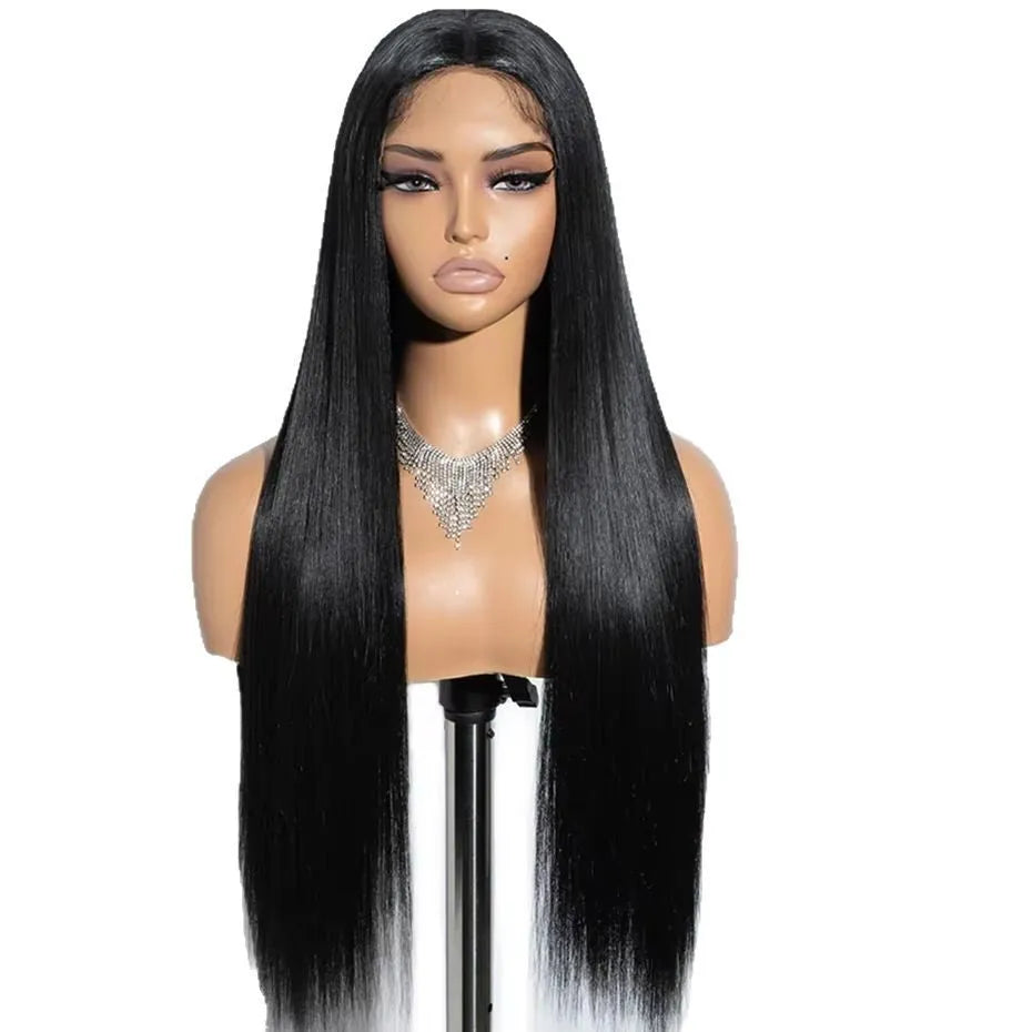 Glueless straight human hair wig with side bangs shown in 180% density and 22-inch length.