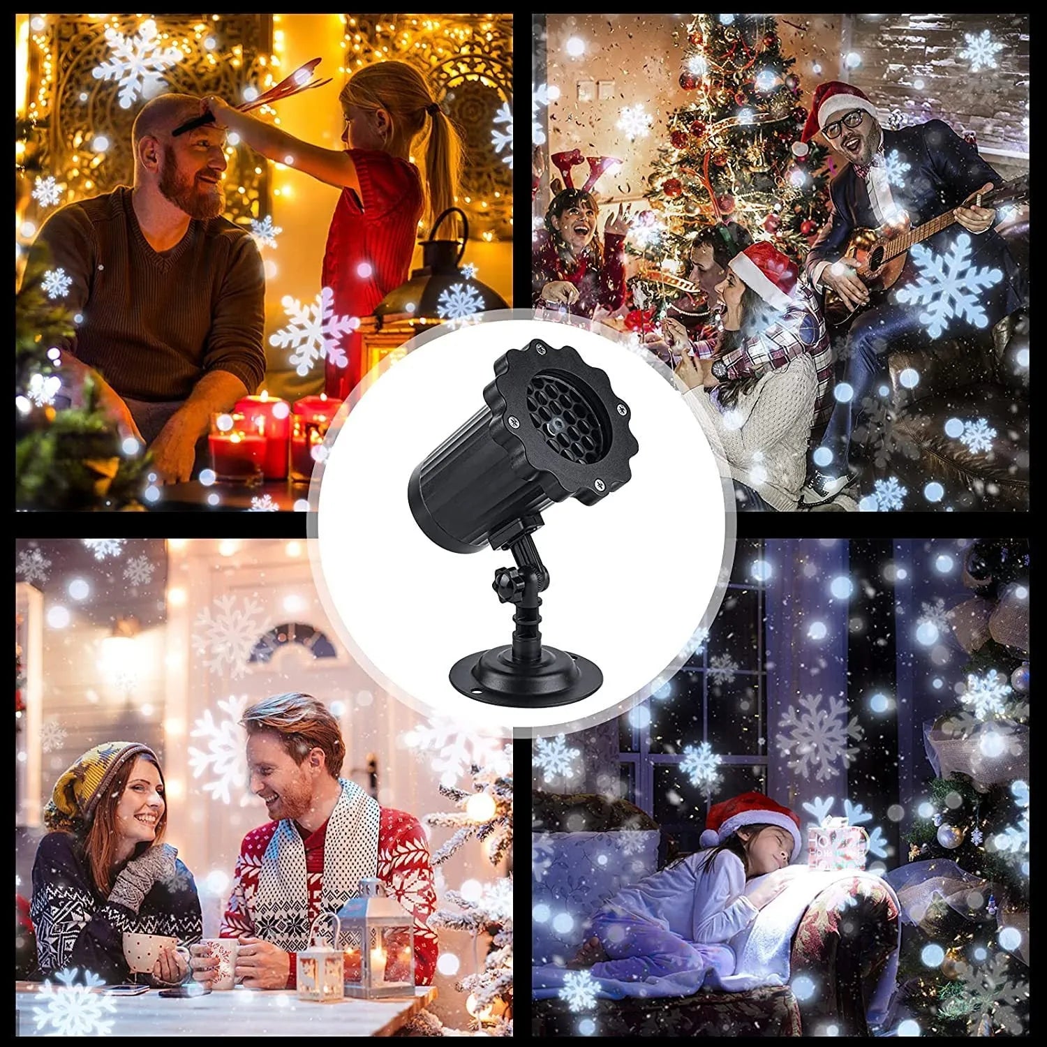 LED Christmas snowflake laser light projector IP65 waterproof with white snowflakes projecting onto a garden wall at night