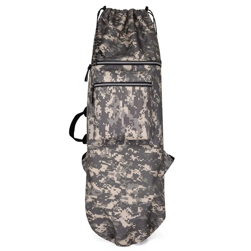 Waterproof nylon skate bag shown in camouflage colour with skateboard carrying capacity