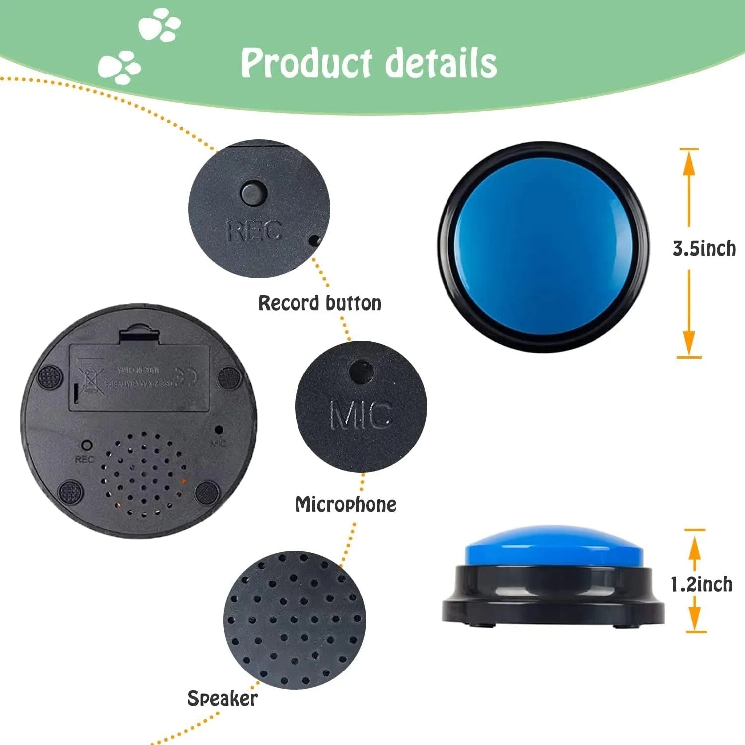 Voice recording pet training button in five colour options showing large record/playback button