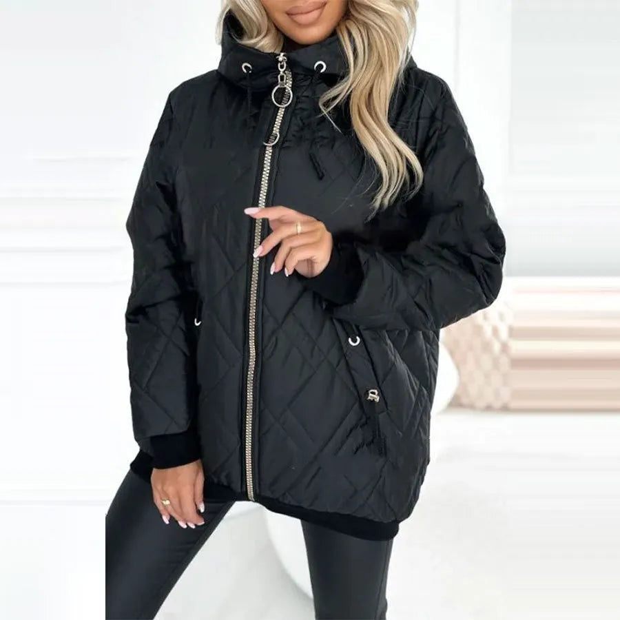 Women's casual hooded coat in black or pink with regular sleeves and polyester fabric
