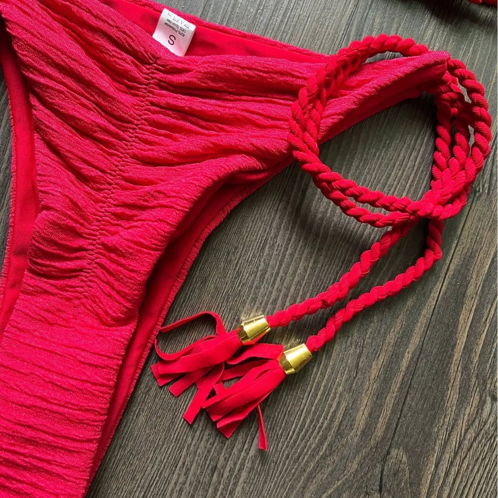 Women's fashion braided rope bikini suit cotton lined nylon swimwear solid colour