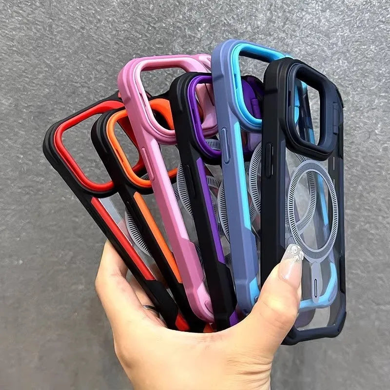 Creative bracket phone case with lens cover and four-corner airbag drop protection for iPhone 13 to 16 Pro Max