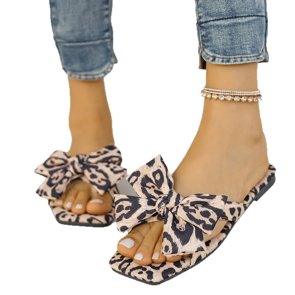 Women's leopard print square toe sandals with bow detail on cloth cover upper, rubber sole, in European American style.